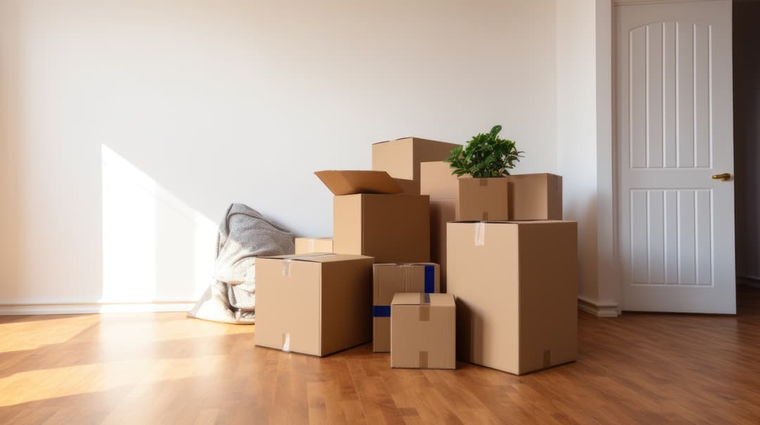 Cardboard boxes stacked in a sunlit room during a house move